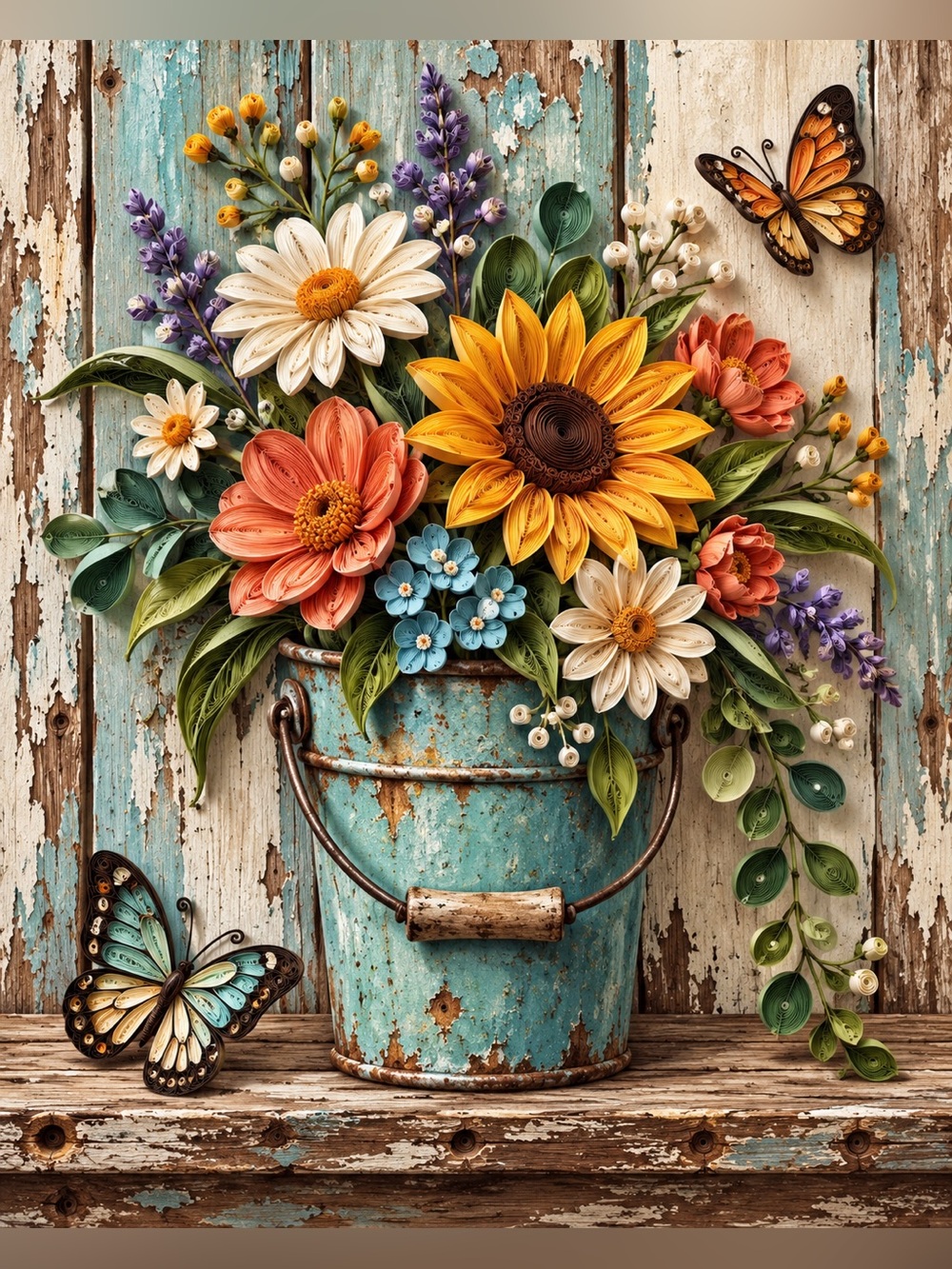 8x10 Framed Vintage Turquoise Bucket Floral Art Print - Multicolor Home